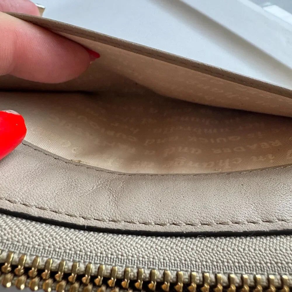 Kate Spade Zip Around Smooth Leather Wallet Gold Hardware Rivets Taupe Beige
